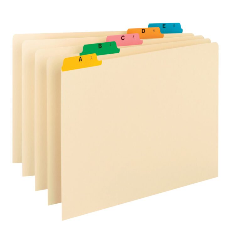 52180P.jpg A set of 25 Smead Guides in manila legal size features multi-colored fused poly 1/5-cut tabs labeled A to E. Colors from yellow to blue are ready for your organizational needs (Product: 52180).