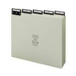The set of Smead Pressboard Guides includes 25 legal-size gray/green file folders, each with flat metal 1/5-cut tabs labeled A-Z for organizing documents. They securely fasten papers with a black metal fastener on the top edge.