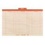 A legal-size manila out guide (53910) with a center orange 1/5-cut tab labeled OUT features columns for OUT TO, FILE NUMBER OR NAME OUT, and DATE. Available in boxes of 100.