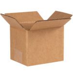 An open MH-USA 5 x 4 x 4 Corrugated Box (25/Bundle) rests with flaps extended against a white backdrop. Made from brown corrugated cardboard, its ideal for packaging and shipping needs.