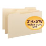 Three Smead Card Guide index card dividers in manila color are labeled 3 H x 5 W with blank 1/3-cut tabs, visible in a yellow oval.
