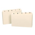 Two beige index card organizers, each featuring Smead Card Guides 1/5-Cut Tab (A-Z), display tabs A to E in the front set and F to J in the rear, all crafted in classic Manila style for efficient organization.
