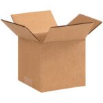 A brown open MH-USA 5 x 5 x 4 corrugated box with slightly bent flaps is set against a white background. The empty box displays three visible sides and is part of the packaging solution offered as MH-USA Corrugated Boxes (25/Bundle).