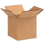 An open MH-USA 5 x 5 x 5 corrugated box with outward-pointing flaps sits empty against a plain white background.