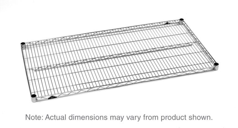 A Metro Super Erecta 3648NS Industrial Wire Shelf, Polished Stainless Steel (36 x 48), with black corner caps is shown against a white background. Note: Actual dimensions may vary.
