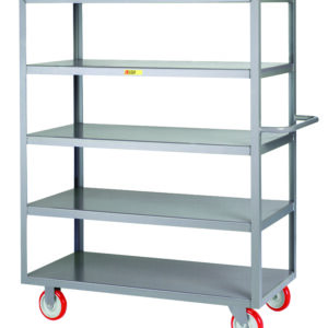 The Little Giant Welded 5-Shelf Service Cart features a gray metal build with four shelves, a handy side handle, and four red wheels for easy mobility.