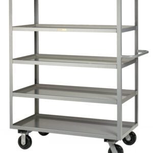 Introducing the Little Giant Multi-Shelf Truck, a sleek silver utility cart with four open shelves and a sturdy handle for easy maneuvering. Equipped with four wheels, its perfect for efficient storage or transport of items.