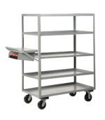 The Little Giant Multi-Shelf Order Picking Truck is a gray metal utility cart with four shelves and wheels. It includes a sloped document holder on the side, making its industrial design ideal for storage or transport in various settings.