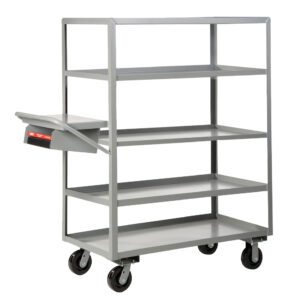 The Little Giant Multi-Shelf Order Picking Truck is a gray metal utility cart with four shelves and wheels. It includes a sloped document holder on the side, making its industrial design ideal for storage or transport in various settings.