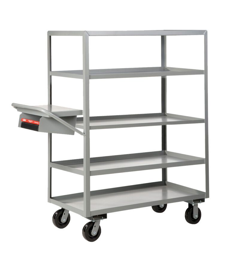 The Little Giant Multi-Shelf Order Picking Truck is a gray metal utility cart with four shelves and wheels. It includes a sloped document holder on the side, making its industrial design ideal for storage or transport in various settings.
