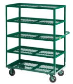 The Little Giant Multi-Shelf Nursery Truck, a green metal utility cart, includes five mesh shelves and four wheels. Its designed for item transport and features an open frame with a handle on one side for easy maneuvering.