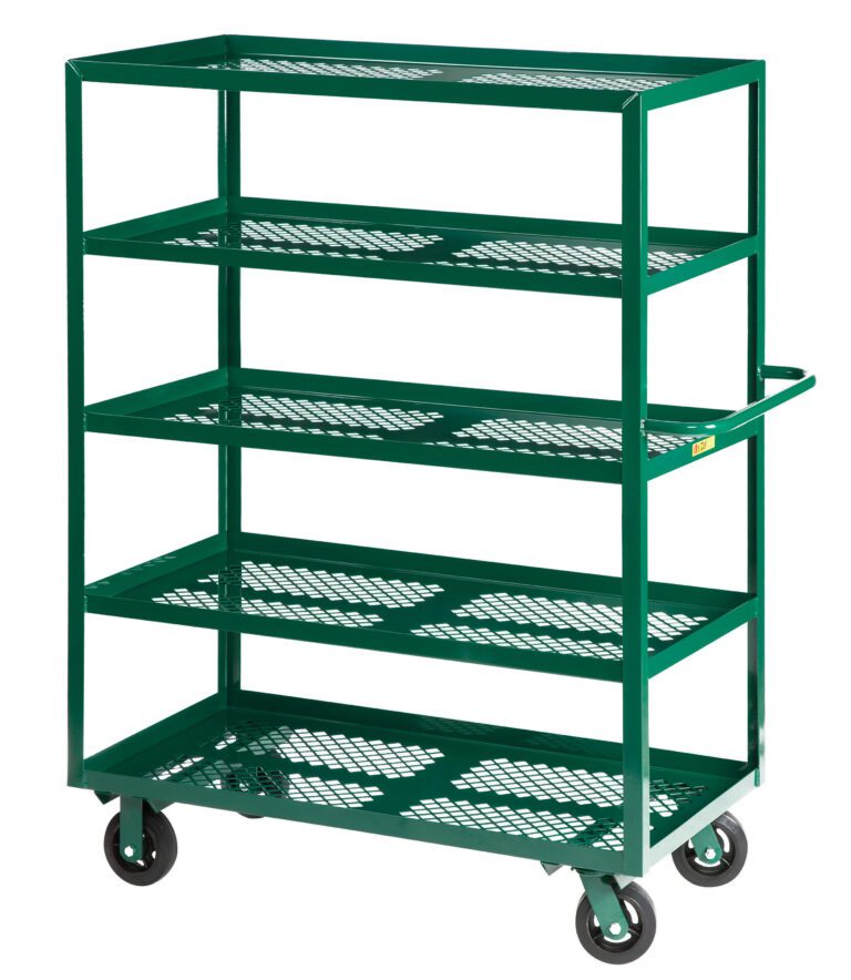The Little Giant Multi-Shelf Nursery Truck, a green metal utility cart, includes five mesh shelves and four wheels. Its designed for item transport and features an open frame with a handle on one side for easy maneuvering.