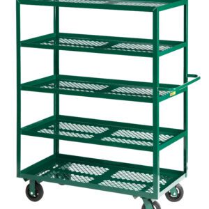 The Little Giant Multi-Shelf Nursery Truck, a green metal utility cart, includes five mesh shelves and four wheels. Its designed for item transport and features an open frame with a handle on one side for easy maneuvering.