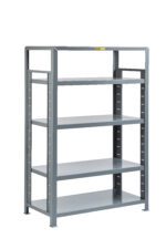 The Little Giant Heavy-Duty Adjustable Steel Shelving is a gray, four-shelf metal rack with a robust frame and adjustable shelves. A small label is at the top, set against a plain white background.