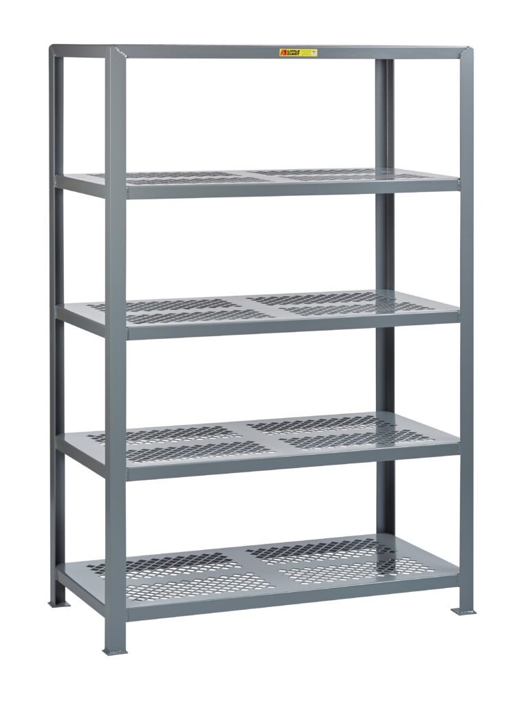 A gray five-tier metal shelving unit with perforated shelves provides excellent storage and organization, spaced for optimal use. Its sturdy design mirrors that of Little Giant Heavy-Duty Welded Steel Shelving, ensuring durability in various settings.