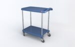 A blue Metro MY1627-24BU myCart Series 2-Shelf Utility Cart with Microban, 16 x 27, is shown against a white background, featuring four swivel wheels and a small red label on the top shelfs edge.
