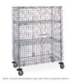 The Metro SEC55EC Super Erecta Mobile Security Shelving Unit features a chrome finish, dimensions of 27.25 x 52.75 x 67.9375, two intermediate shelves, a lockable door, and swivel casters. Note: actual dimensions may vary slightly from the image shown.