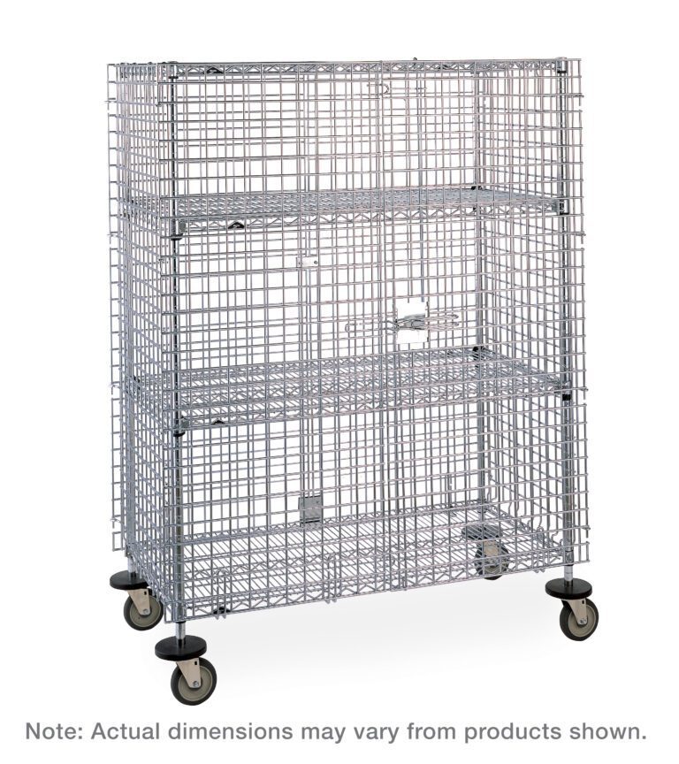 The Metro SEC55EC Super Erecta Mobile Security Shelving Unit features a chrome finish, dimensions of 27.25 x 52.75 x 67.9375, two intermediate shelves, a lockable door, and swivel casters. Note: actual dimensions may vary slightly from the image shown.