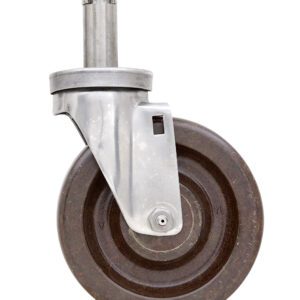 Close-up of a Metro 5MHTP caster, featuring a dark brown rubber tire on a metal bracket for Super Erecta wire shelving racks, set against a plain white background.