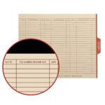 The Smead End Tab Out Guides, letter-size and manila with a red OUT tab, feature columns OUT TO, FILE NUMBER OR NAME OUT, and DATE. A magnified circular section displays details vividly. Comes in 100 per Box (61910).