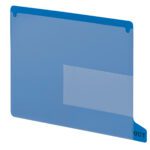 The Smead End Tab Poly Out Guide (61951) is a blue, letter-sized plastic guide with a bottom-position tab marked OUT and features two pockets, including a transparent front pocket.