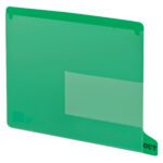 A Smead End Tab Poly Out Guide in green, letter size, with a transparent front pocket and OUT printed on the bottom tab, comes in a box of 25 (61952).
