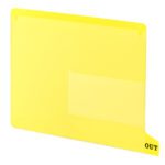 A Smead End Tab Poly Out Guide in vibrant yellow, letter-sized, with a clear front pocket and an OUT tab in bold black, product number 61956.