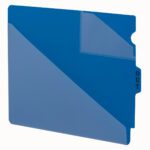 The Smead End Tab Poly Out Guide in blue, style 61961, features a transparent angular section and a pocket, showcasing OUT on the tab. Its two-pocket design offers stylish organization and comes in extra wide letter size with 50 per box.