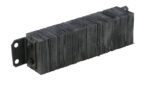 A black accordion-style rubber exhaust connector with metallic bolts, crafted for vibration and thermal expansion absorption in exhaust systems, features a rough industrial texture similar to the Vestil Laminated Dock Bumper 6 x 24 x 4.5 inches.