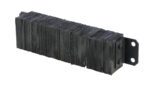 A stack of dark, rectangular rubber pads resembling the Vestil Laminated Dock Bumper 6 X 24 X 4.5 In is held by metal brackets for mounting, with a rough and textured surface.