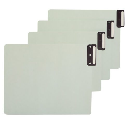 63235.jpg A set of four gray/green Smead end tab recycled pressboard guides with black fasteners on the left are staggered for document organization. Featuring a vertical metal tab, these extra wide legal size guides come in a box of 50 (63235) for efficient office use.