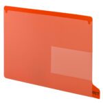 A red Smead End Tab Poly Out Guide has two pockets, a bottom position tab, and OUT printed on the bottom right. It comes in packs of 25 per box (63950).
