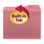 Displayed is a set of Smead FasTab™ Hanging File Folders in dark pink (9 per pack, 64014). These letter-size folders feature 1/3-cut built-in tabs for easy organization, highlighted by a large arrow labeled Built-in Tab.