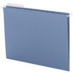 The Smead Hanging File Folder with 1/3-cut adjustable tabs, metal hooks, and clear plastic inserts is perfect for workspace organization. It comes in a blue design and includes 25 folders per box (64021).