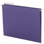 The Smead Hanging File Folder, featuring a purple design and metal suspension rod, offers a 1/3-cut adjustable tab and ample document space. Available in packs of 25 per box (64023).