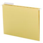 The Smead Hanging File Folder (64025) in yellow, made of sturdy card stock, features 1/3-cut adjustable tabs and metal hooks for filing cabinets. Available in letter size, these folders come 25 per box and are pictured isolated against a white background.