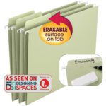 The Smead Erasable FasTab Hanging File Folders, boasting a unique erasable surface on tabs and featured As Seen on Designing Spaces and Airing on Lifetime, are perfect for any organized office setup. Available in moss-green, they come in a 20 per box, letter size with 1/3-cut built-in tabs.