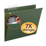 The Smead TUFF? Hanging File Folder with Easy Slide? Tab, featuring a 1/3-cut sliding translucent tab, is marketed as 7X stronger and comes in Standard Green, 20 per Box (64036). A circular inset demonstrates effortless tab sliding.