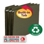 Four letter-size hanging file folders in olive green, featuring 1/3-cut built-in tabs. A badge displays Smead 100% Recycled FasTab? and includes a As Seen On Designing Spaces tag with the Lifetime logo. Ideal for eco-friendly organization in their moss color.