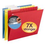 The image showcases four Smead TUFF? Hanging File Folders in red, yellow, and blue with a 7X stronger label. An inset shows adjusting the Easy Slide? Tab that Slides to any tab position! Each box contains 15 folders (64040), ideal for organizing letter-sized documents.