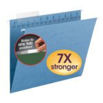 The blue Smead TUFF? Hanging File Folder with Easy Slide? Tab is 7X stronger, featuring a 1/3-Cut Sliding Tab for flexible organization, easily sliding to any position. Available in boxes of 18 (64041).