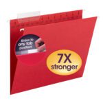 The Smead TUFF? Hanging File Folder with Easy Slide? Tab, letter-size in vibrant red, features a 1/3-cut sliding tab with a repositionable label. Marketed as 7X stronger, it includes a cutout image of hand adjusting the tab position.