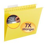 The Smead TUFF? Hanging File Folder in yellow, with a reinforced design and 1/3-Cut Easy Slide? Tab for customizable organization, is 7X stronger. It features an image of a hand sliding the tab, highlighting Slides to any tab position! Sold in boxes of 18 (64044).