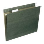 The Smead Hanging File Folder with Tab (64055) is a letter-sized folder in standard green, made of sturdy paper with metal hooks, featuring a 1/5-cut adjustable white tab for easy labeling and access.