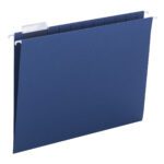 The Smead Hanging File Folder, featuring a 1/5-cut adjustable plastic tab and metal hooks for suspension in filing cabinets, comes in letter size and navy color. Its available in packs of 25 per box (64057).