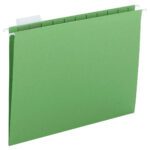 The Smead Hanging File Folder with 1/5-Cut Adjustable Tab for letter-size documents in green features metal hooks for filing cabinet suspension. Its interior is ready for organization, and the top edge includes a tab for labels. Sold 25 per box (64061).