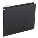 The Smead Hanging File Folder (64062) features 1/5-Cut Adjustable Tabs, metal hooks for easy filing, and comes in sleek black, sold 25 per box. Perfect against a plain white backdrop.