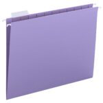 The Smead Hanging File Folder (Model 64064) is letter-sized and lavender, with a 1/5-cut adjustable tab. It includes sturdy metal hooks for easy filing and a top white label tab, ensuring effortless organization.