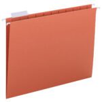 The Smead Hanging File Folder (64065) is a vibrant orange, letter-sized folder with an adjustable 1/5-cut tab for personalized labeling. It hangs easily in your filing cabinet and stands upright against a white background, available in boxes of 25.