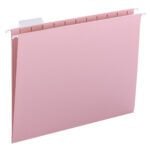 The Smead Hanging File Folder with a 1/5-cut adjustable tab, letter size, in pink (25 per box, 64066), features metal hooks and a white label tab at the top left corner. Its empty and displayed against a white background, ideal for any office setup.